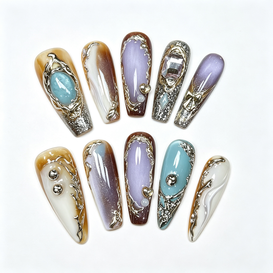 Pastel Metal Frame Gem Medium Press On Nails