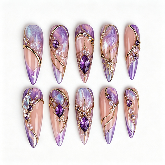 Nude Purple Blush Gold Gem Medium Press On Nails