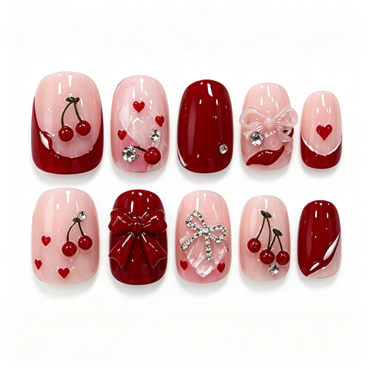Cherry Heart Bow Glossy Press On Nails