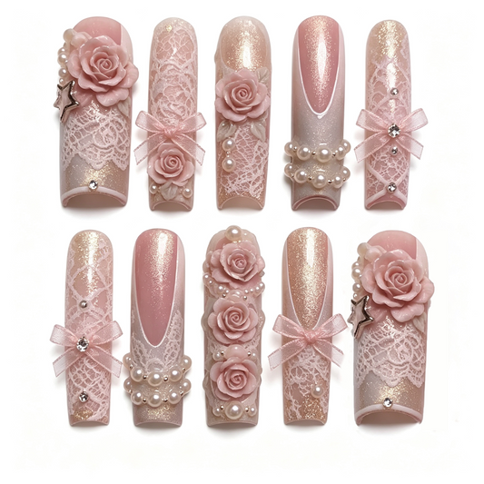 Nude Champagne Rose Lace Bow Long Press On Nails