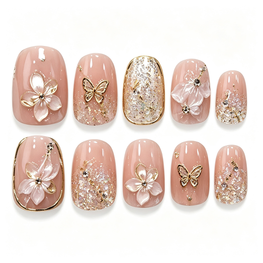 Gold Flower Butterfly Glam Press On Nails