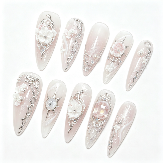 Nude Silver Flower Pink Gem Medium Press On Nails