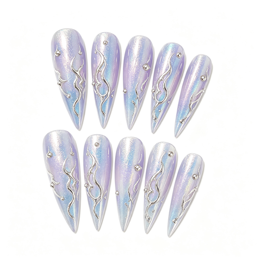 Lavender Blue Iridescent Flame Medium Press On Nails