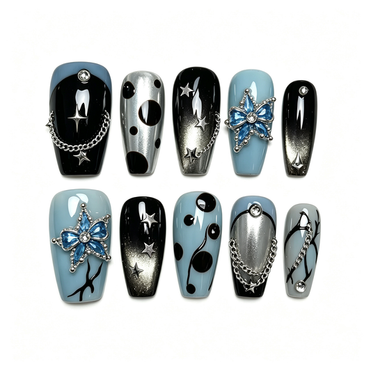 Haze Blue Black Silver Chain Press On Nails