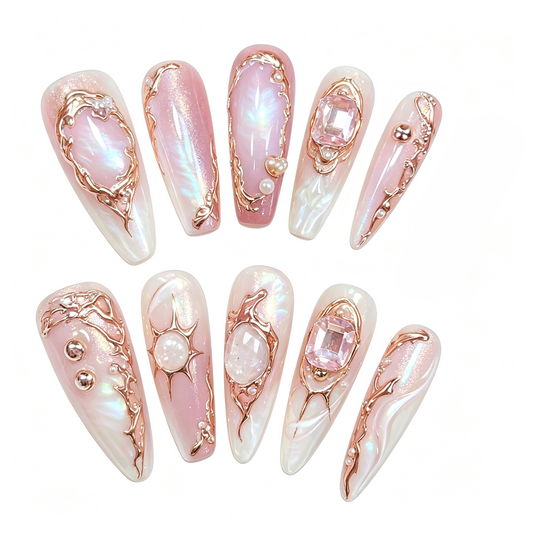 Pink Aurora Rose Gold Filigree Medium Press On Nails