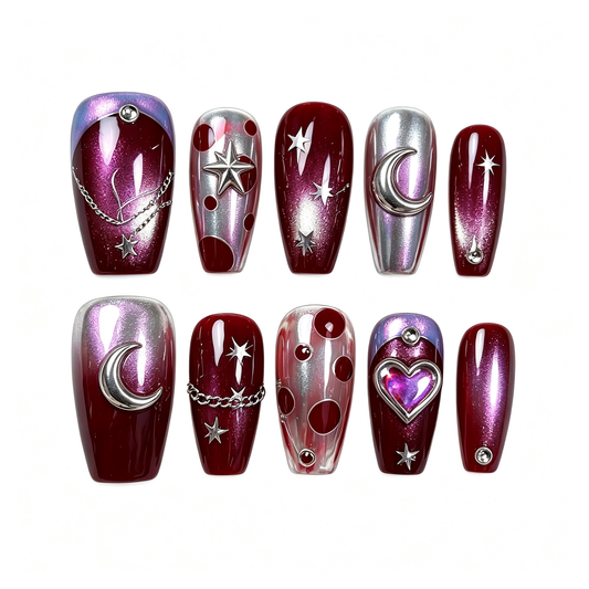 Wine Silver Chain Heart Press On Nails