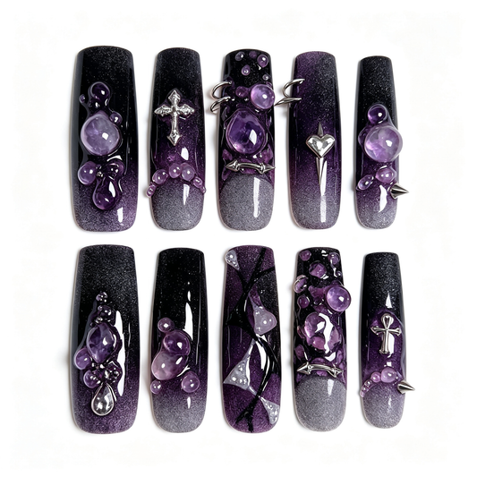 Purple Punk Violet Crystal Long Press On Nails
