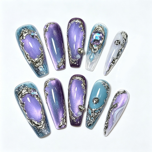 Purple Blue Gradient Metal Gem Medium Press On Nails