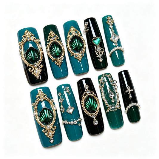 Emerald Teal Gold Court Long Press On Nails
