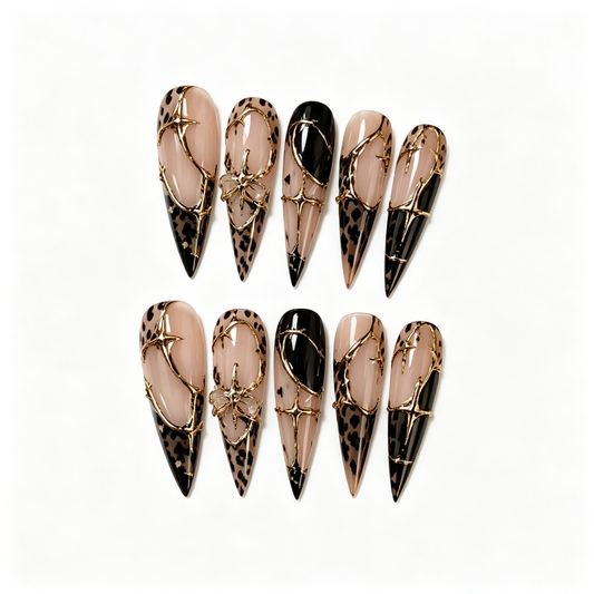 Leopard Gold Star Butterfly Medium Press On Nails