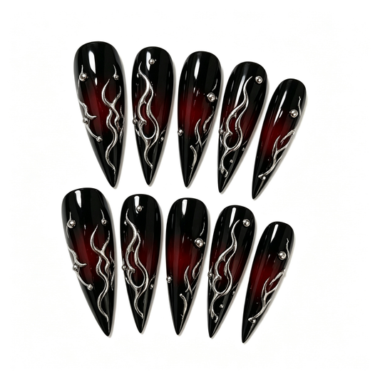 Black Red Flame Stud Medium Press On Nails