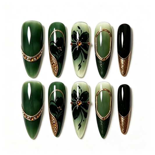 Green Amber Gold Floral Long Press On Nails