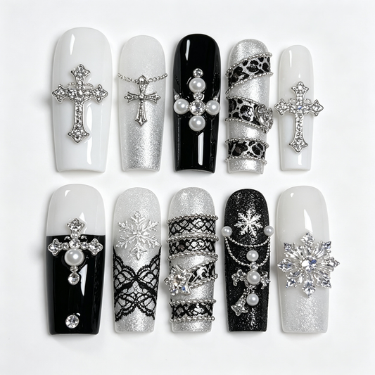 Black White Leopard Lace Long Press On Nails