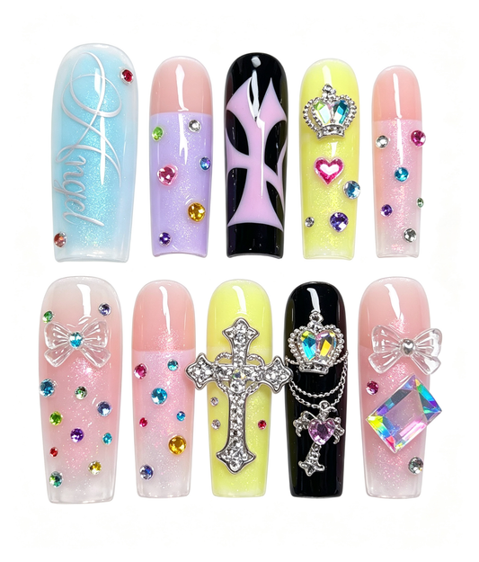 Colorful Crystal Crown Chain Long Press On Nails