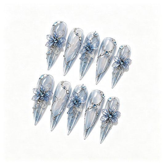 Ice Blue Frost Flower Medium Press On Nails