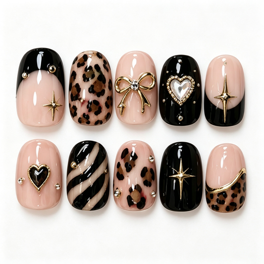 Leopard Heart Bow Sweet Cool Press On Nails