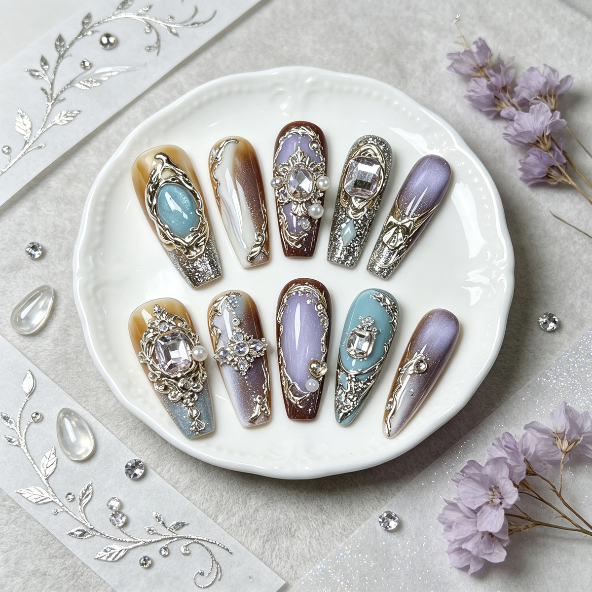 Pastel Metal Frame Gem Medium Press On Nails