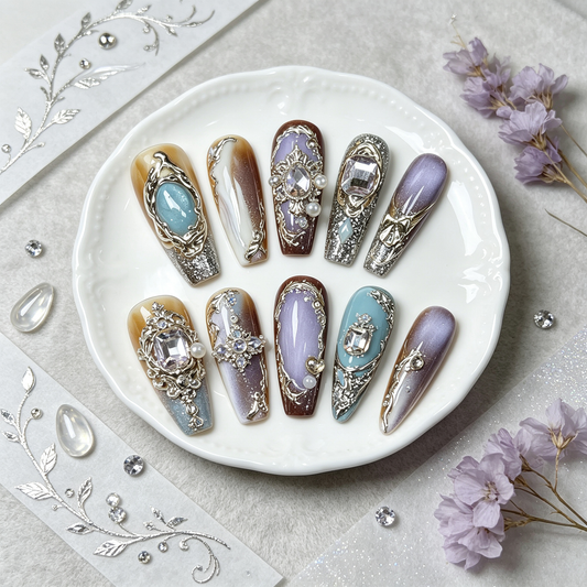 Pastel Metal Frame Gem Medium Press On Nails