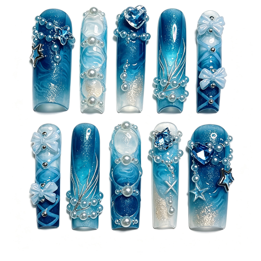 Blue White Shimmer Ocean Long Press On Nails