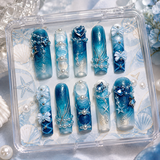 Blue White Shimmer Ocean Long Press On Nails