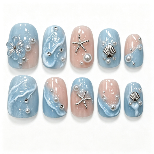 Ocean Starfish Pearl Flower Press On Nails