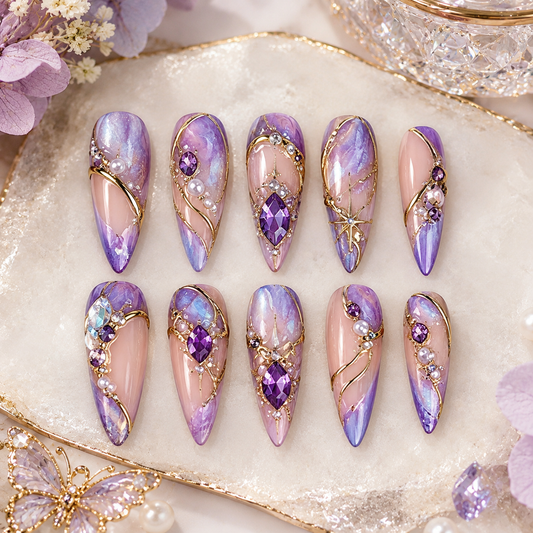 Nude Purple Blush Gold Gem Medium Press On Nails