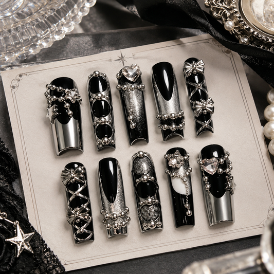 Black Silver Chain Bow Luxe Long Press On Nails