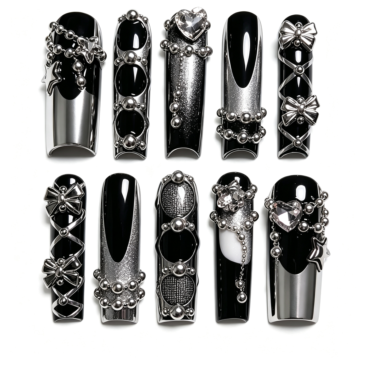 Black Silver Chain Bow Luxe Long Press On Nails