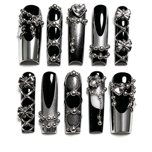 Black Silver Chain Bow Luxe Long Press On Nails