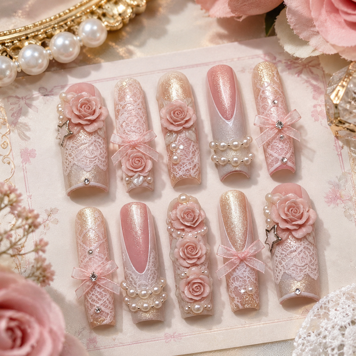 Nude Champagne Rose Lace Bow Long Press On Nails