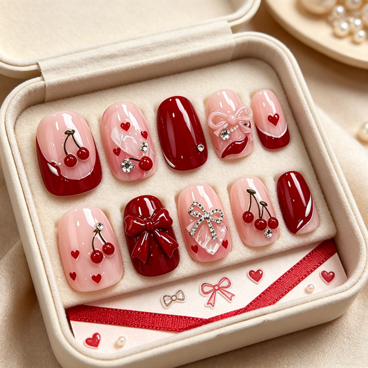 Cherry Heart Bow Glossy Press On Nails