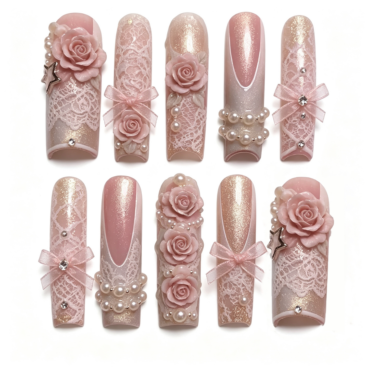 Nude Champagne Rose Lace Bow Long Press On Nails