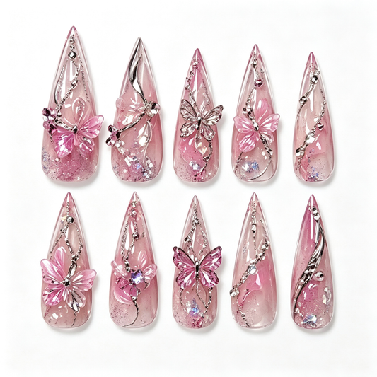 Pink Shimmer Butterfly Chain Medium Press On Nails
