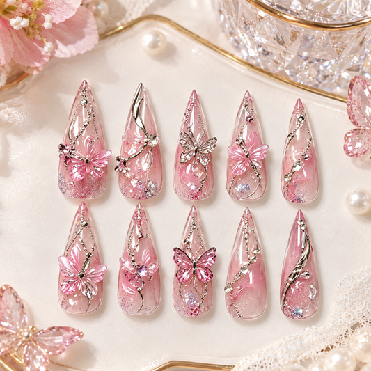 Pink Shimmer Butterfly Chain Medium Press On Nails