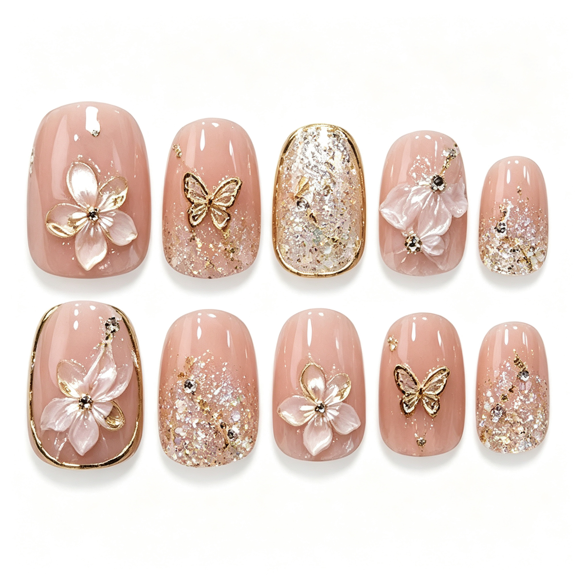 Gold Flower Butterfly Glam Press On Nails