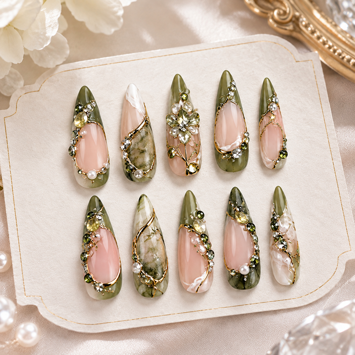 Bean Pink Olive Marble Flower Medium Press On Nails