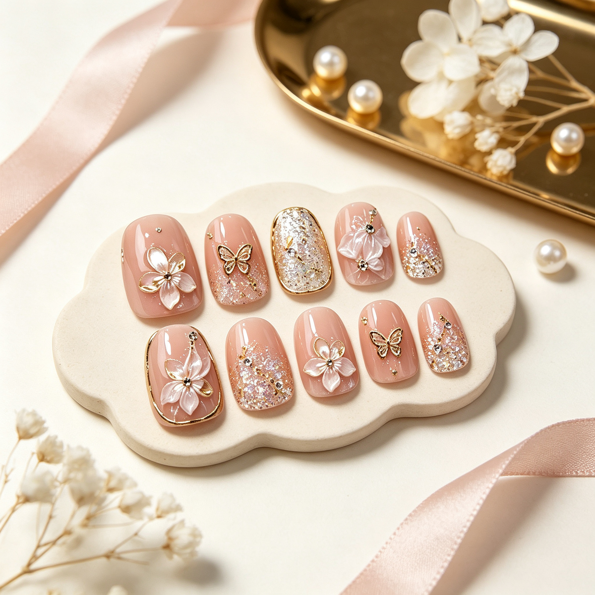 Gold Flower Butterfly Glam Press On Nails