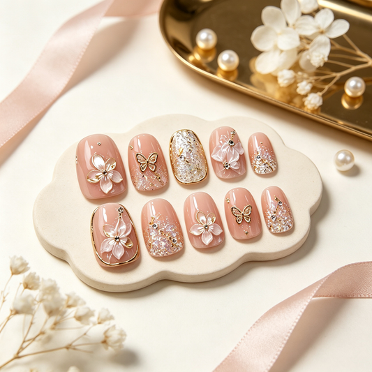 Gold Flower Butterfly Glam Press On Nails