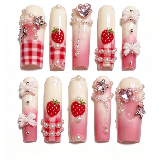 Strawberry Checker Pink Bow Long Press On Nails