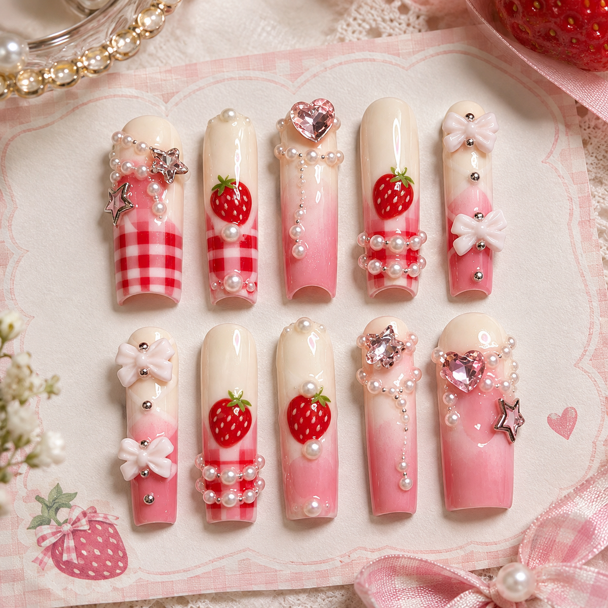 Strawberry Checker Pink Bow Long Press On Nails