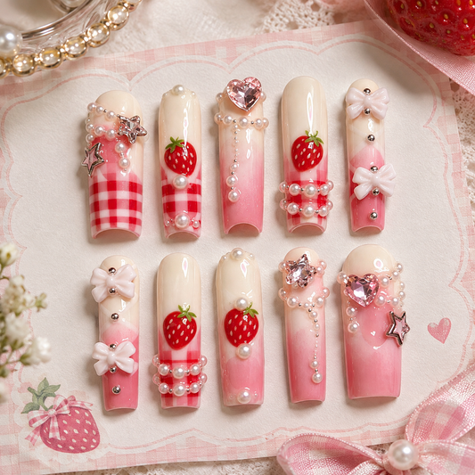 Strawberry Checker Pink Bow Long Press On Nails