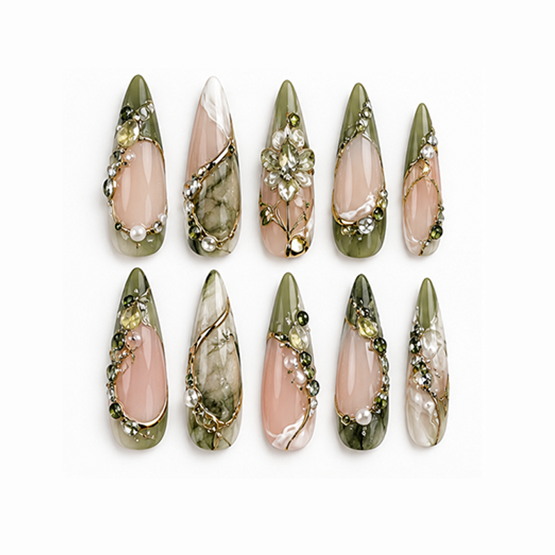 Bean Pink Olive Marble Flower Medium Press On Nails