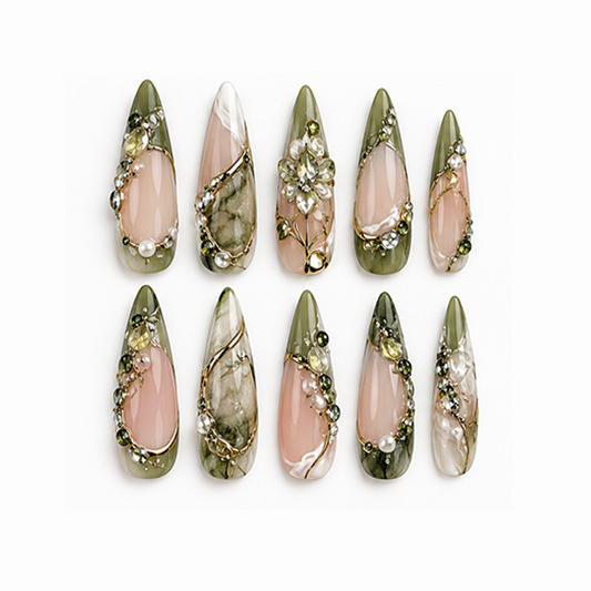 Bean Pink Olive Marble Flower Medium Press On Nails