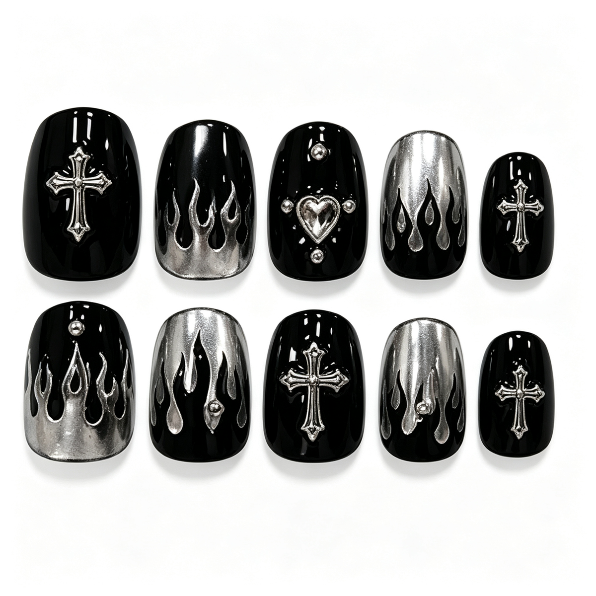 Silver Punk Cross Fire Press On Nails