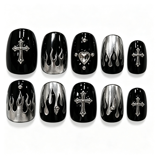 Silver Punk Cross Fire Press On Nails