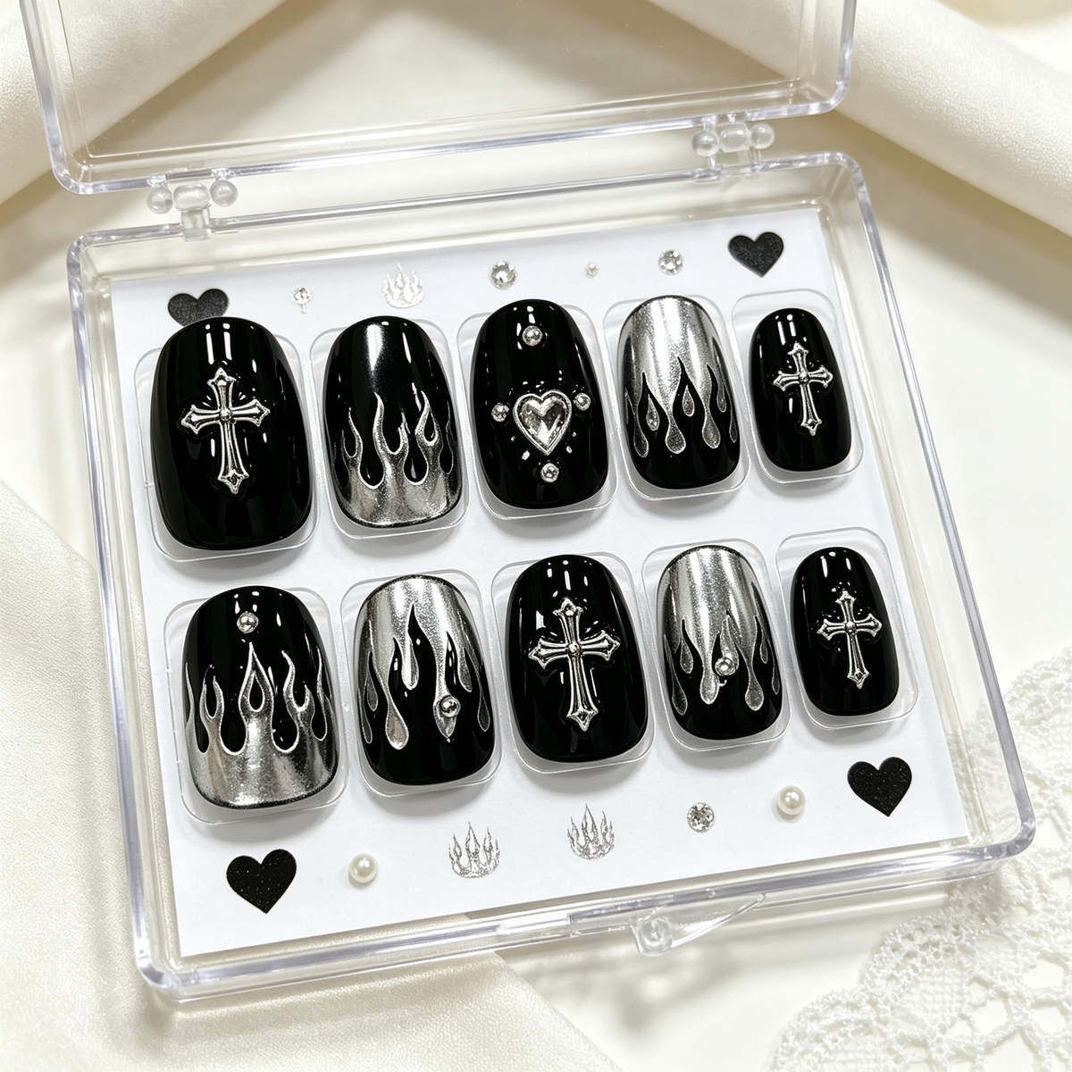 Silver Punk Cross Fire Press On Nails