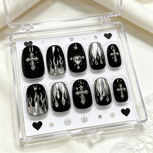 Silver Punk Cross Fire Press On Nails