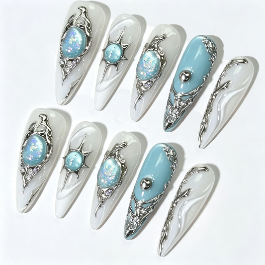 Cream Lake Blue Metal Gem Medium Press On Nails