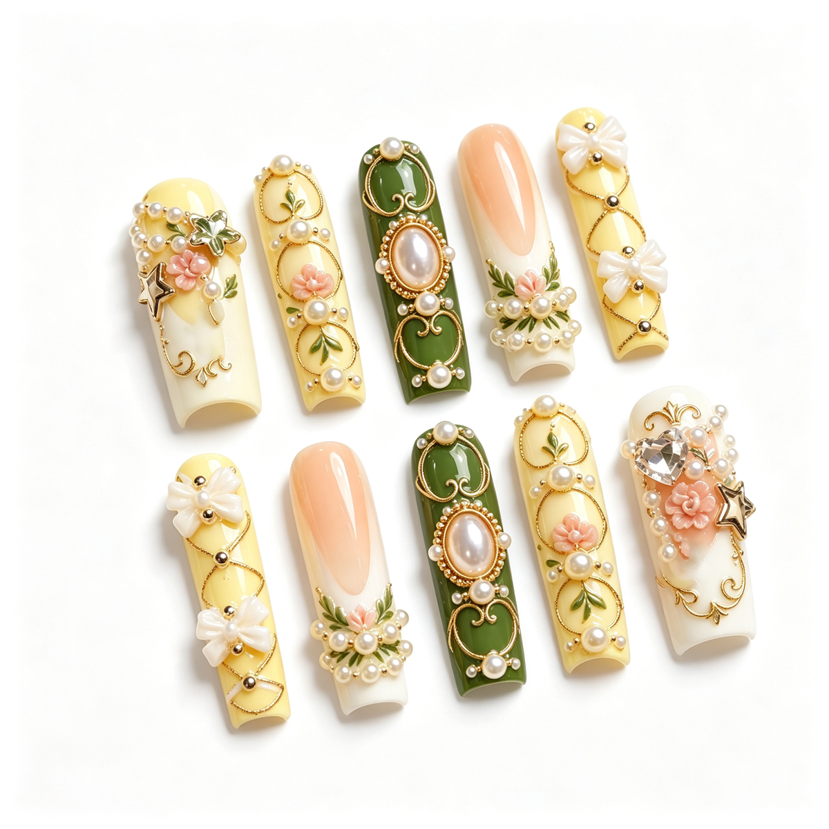 Butter Olive French Rose Long Press On Nails