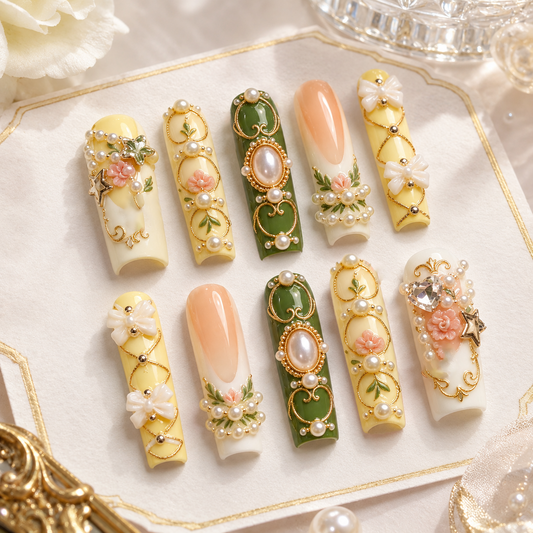 Butter Olive French Rose Long Press On Nails